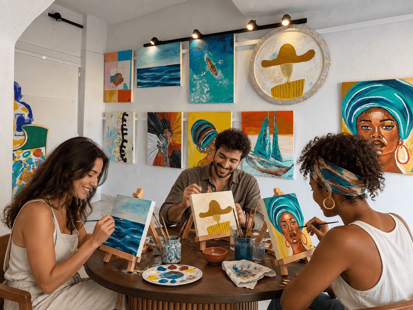 Scène illustrative de trois personnes peignant autour d’une table dans un atelier