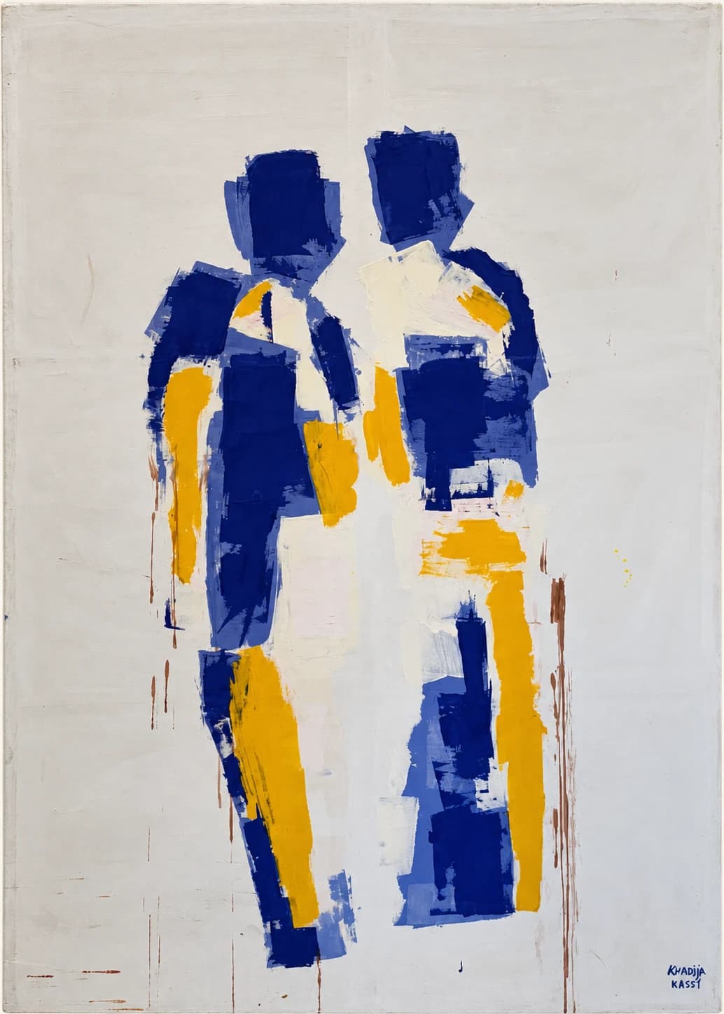 Abstract painting by Khadija Kassi with two blue and yellow figures on an off-white canvas